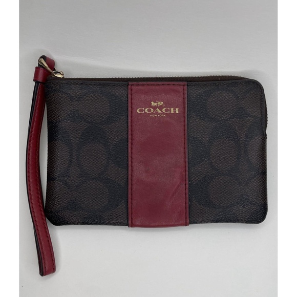 Corner Zip Wristlet Coach Walnut Signature Canvas Bold Red Leather Stripe - Picture 1 of 4